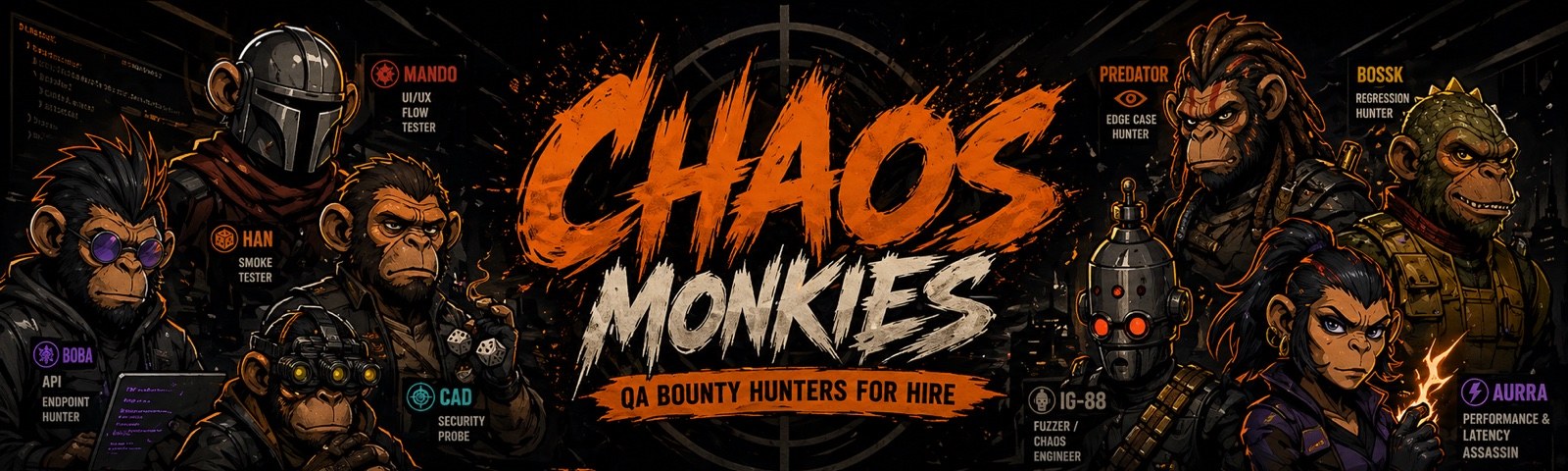Chaos Monkies — QA Bounty Hunters For Hire. Post A Target. 8 Specialist Hunters, 24h First Report, 0 Bugs Left Behind.